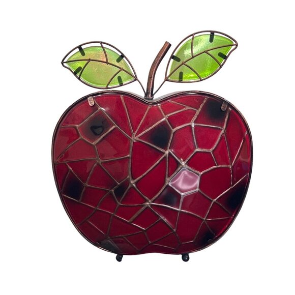 Red Apple Tiffany-Style Stained Faux Glass With Green Leaves 3D 10x8x4 - Picture 2 of 4